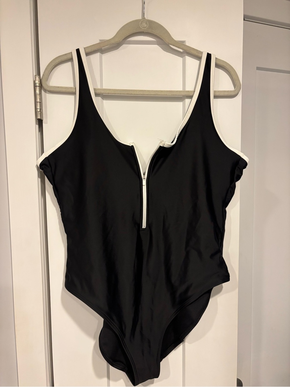 Black One-Piece Swimsuit with White Trim and Front Zip